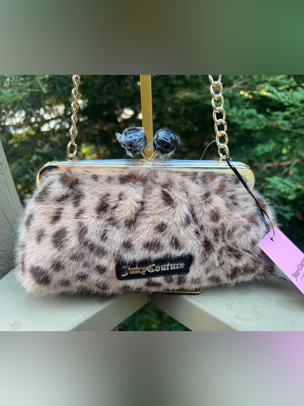 JUICY COUTURE LEOPARD FUR KEEP IT CLASSY KISS LOCK FRAME CROSSBODY